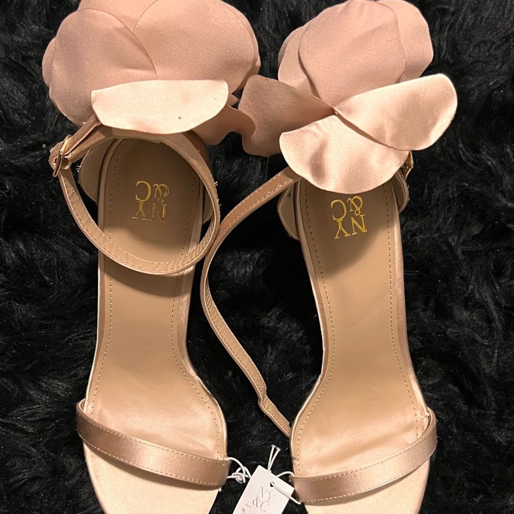 New York & Company, champagne colored heels with flowers on the back.